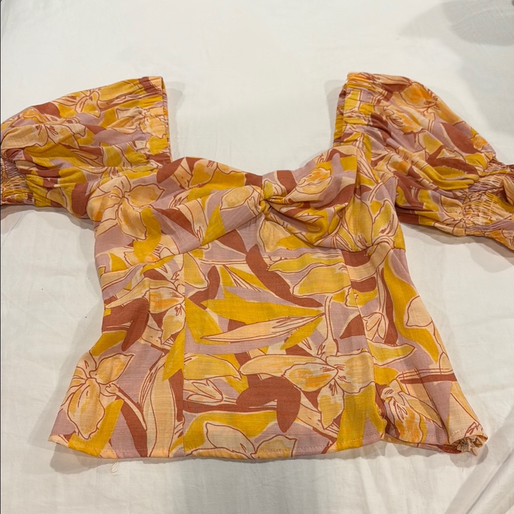 Nine West Floral Puff Sleeve Blouse - Yellow and Pink